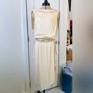 Vintage Cream Dress with Open Back and Belt